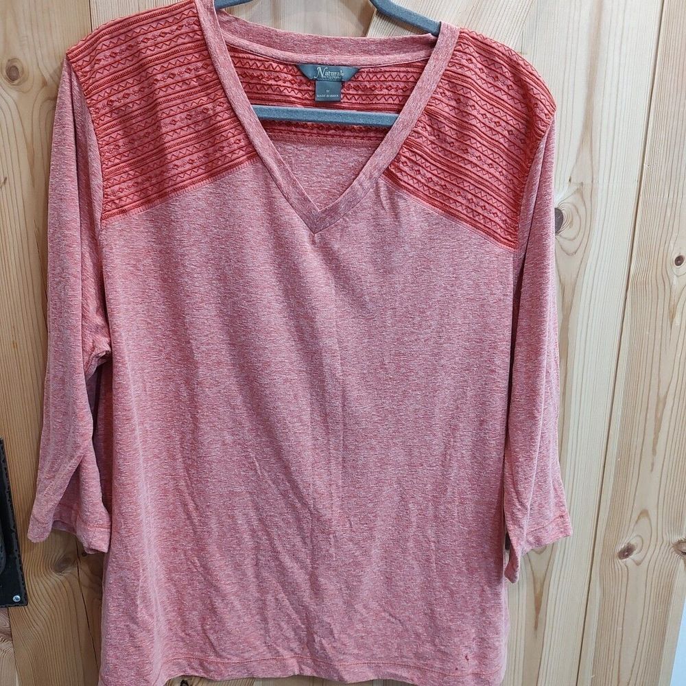 Natural Reflections Womens 1X Coral Heather‎ Embroidered V-Neck 3/4 Sleeve Top
